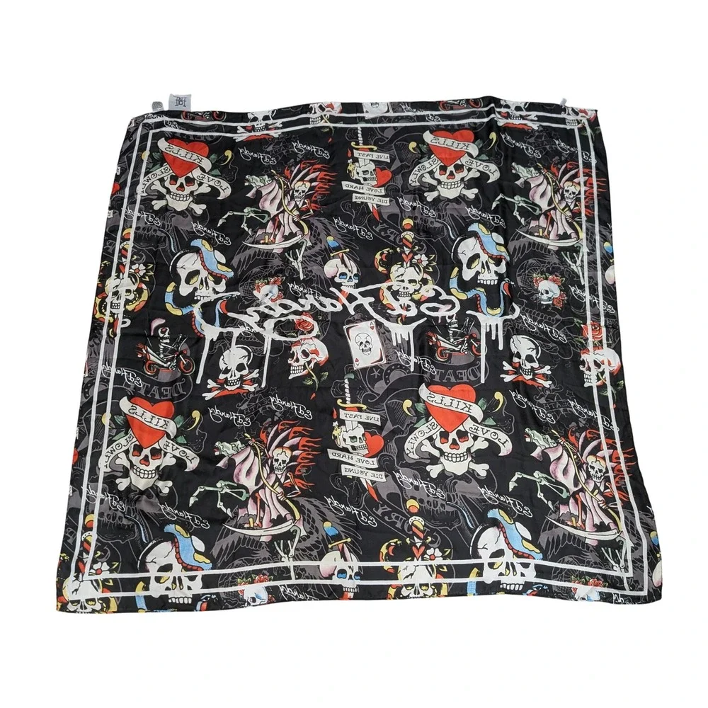 Ed Hardy Scarf Black Tattoo Print Skull Heart Love Kills Slowly Y2K Art